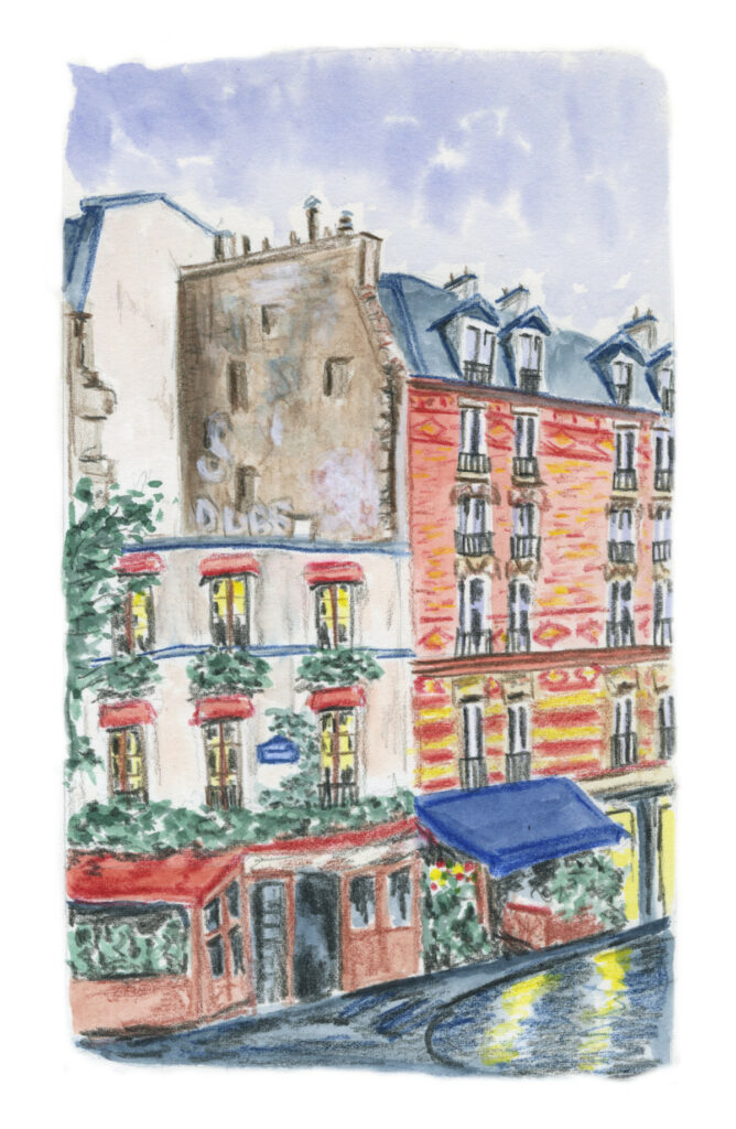 Illustration en couleur d'une rue de Paris aux Gobelins par Lucie Choupaut