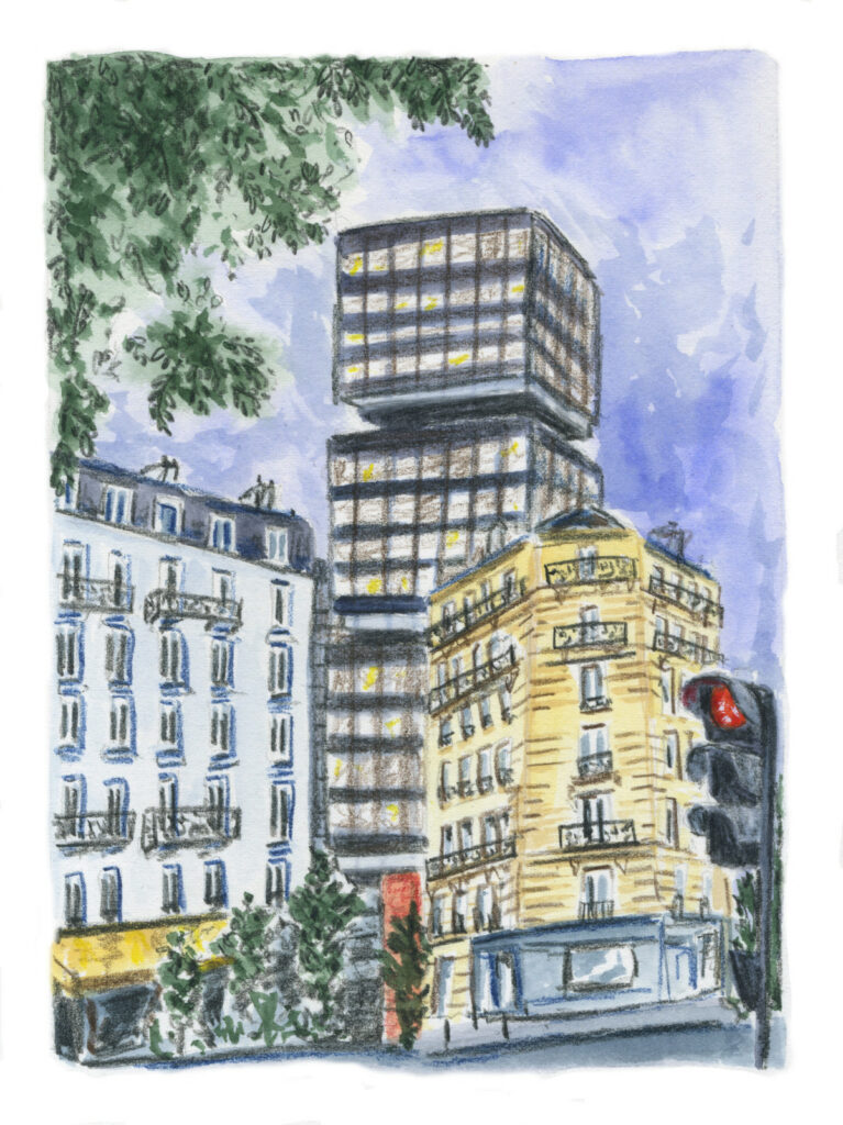 Illustration en couleur d'une rue de Paris dans le quartier de Tolbiac par Lucie Choupaut