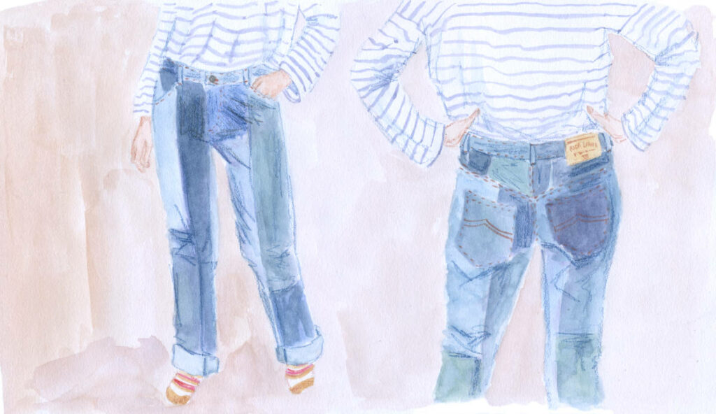 Illustration en couleurs du jean Morgan en patchwork vu de devant et vu de dos