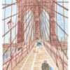 Illustration en couleurs "Touriste sur le Brooklyn Bridge" par Lucie Choupaut représentant un femme en train de photographier le pont
