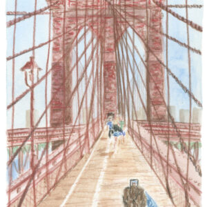 Illustration en couleurs "Touriste sur le Brooklyn Bridge" par Lucie Choupaut représentant un femme en train de photographier le pont