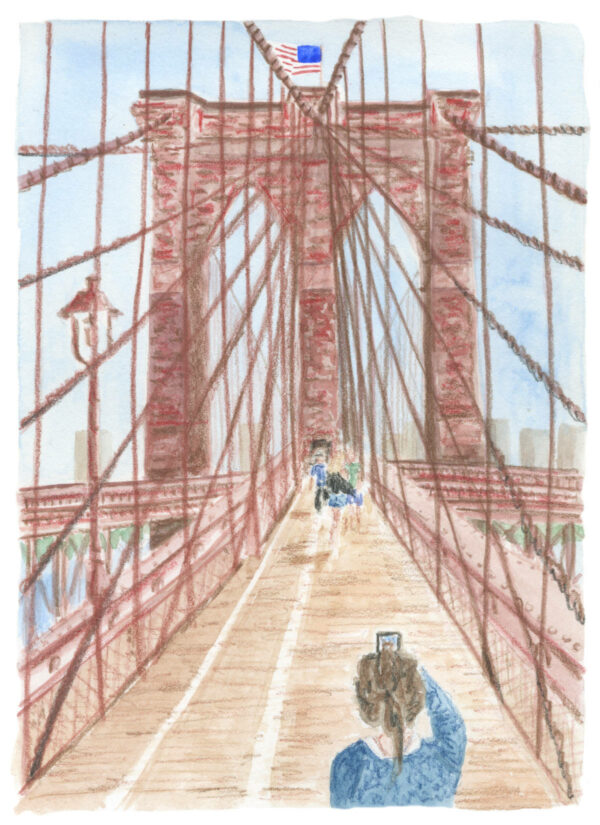 Illustration en couleurs "Touriste sur le Brooklyn Bridge" par Lucie Choupaut représentant un femme en train de photographier le pont