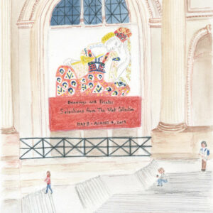 Illustration en couleurs "Visite au Met" par Lucie Choupaut représentant la façade du musée et son grand escalier