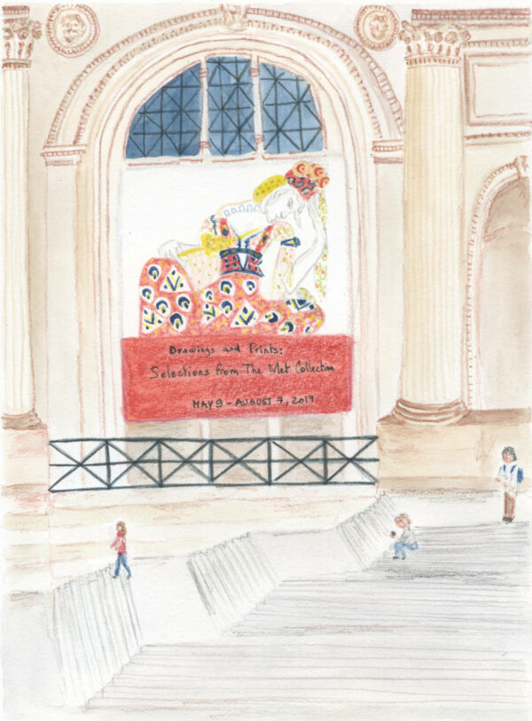 Illustration en couleurs "Visite au Met" par Lucie Choupaut représentant la façade du musée et son grand escalier