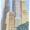 Illustration en couleurs "L'histoire de Wall Street" par Lucie Choupaut représentant des buildings à New York