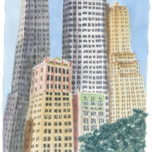 Illustration en couleurs "L'histoire de Wall Street" par Lucie Choupaut représentant des buildings à New York
