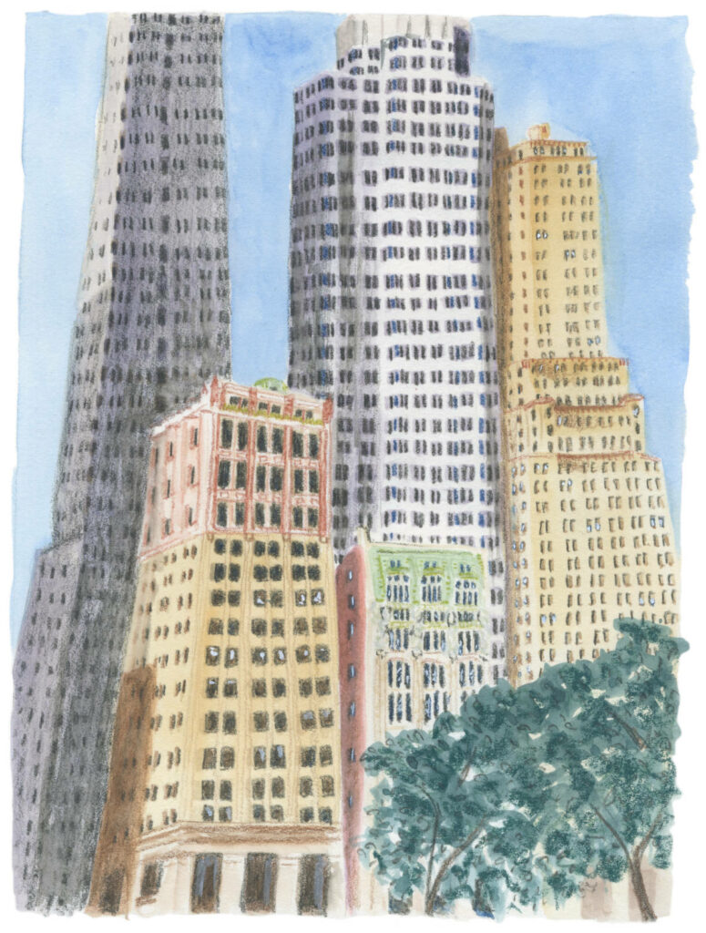 Illustration en couleurs "L'histoire de Wall Street" par Lucie Choupaut représentant des buildings à New York