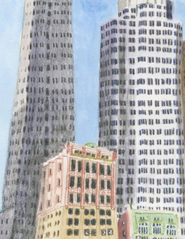 détail de l'illustration en couleurs "l'histoire de wall street" par Lucie Choupaut