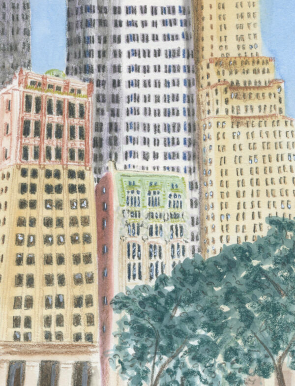 détail de l'illustration en couleurs "l'histoire de wall street" par Lucie Choupaut