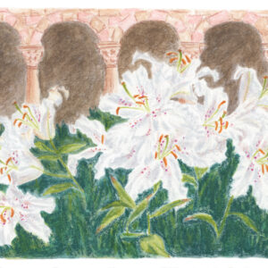 Illustration en couleurs "Balade au Met Cloisters" par Lucie Choupaut représentant des lys blancs devant la colonnade d'un cloître.