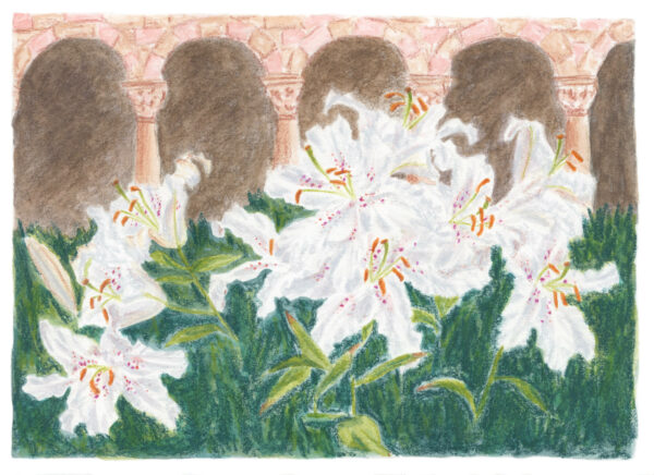 Illustration en couleurs "Balade au Met Cloisters" par Lucie Choupaut représentant des lys blancs devant la colonnade d'un cloître.