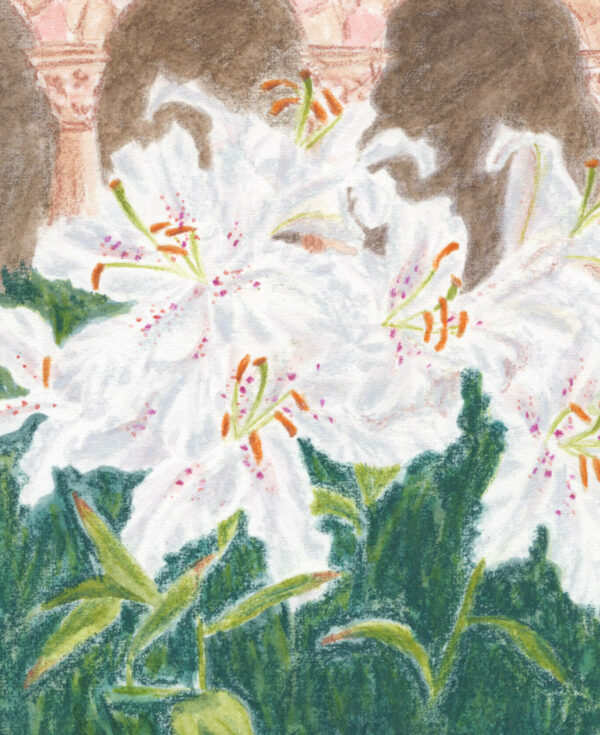 détail de l'illustration en couleurs "Balade au Met Cloisters"