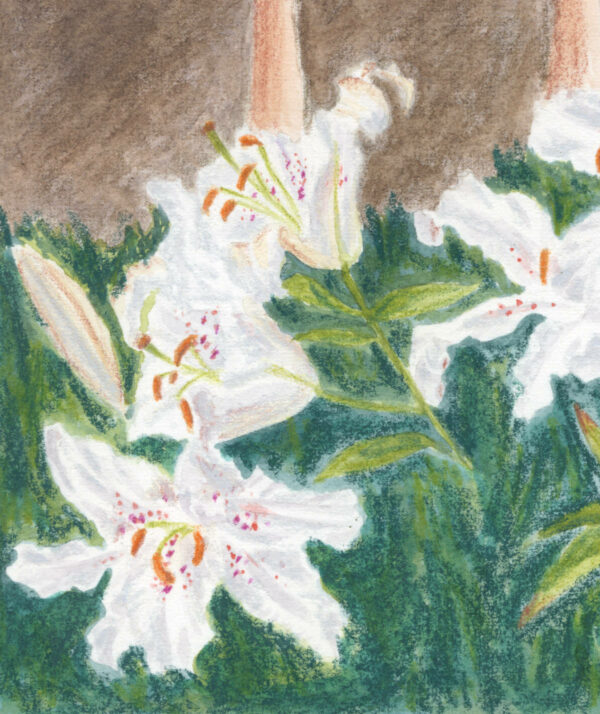 détail de l'illustration en couleurs "Balade au Met Cloisters"