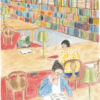Illustration "Au travail à la New York Public Library" par Lucie Choupaut représentant des lecteurs et lectrices dans une bibliothèque