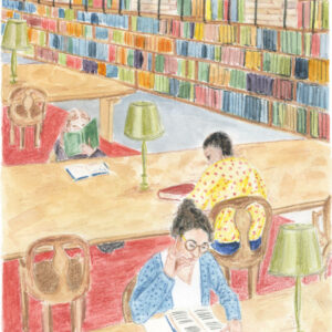 Illustration "Au travail à la New York Public Library" par Lucie Choupaut représentant des lecteurs et lectrices dans une bibliothèque