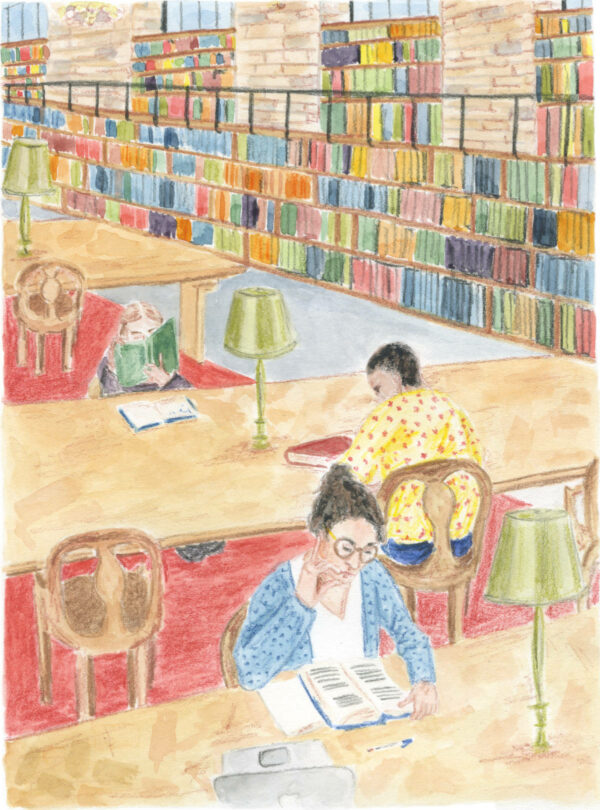 Illustration "Au travail à la New York Public Library" par Lucie Choupaut représentant des lecteurs et lectrices dans une bibliothèque