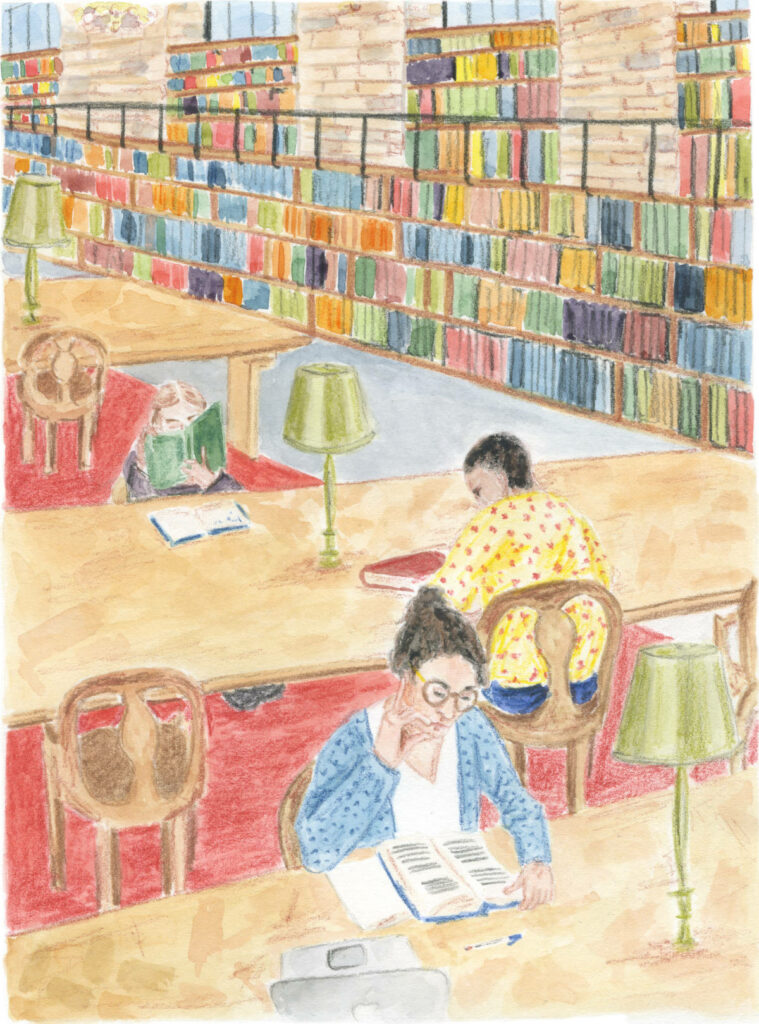 Illustration "Au travail à la New York Public Library" par Lucie Choupaut représentant des lecteurs et lectrices dans une bibliothèque