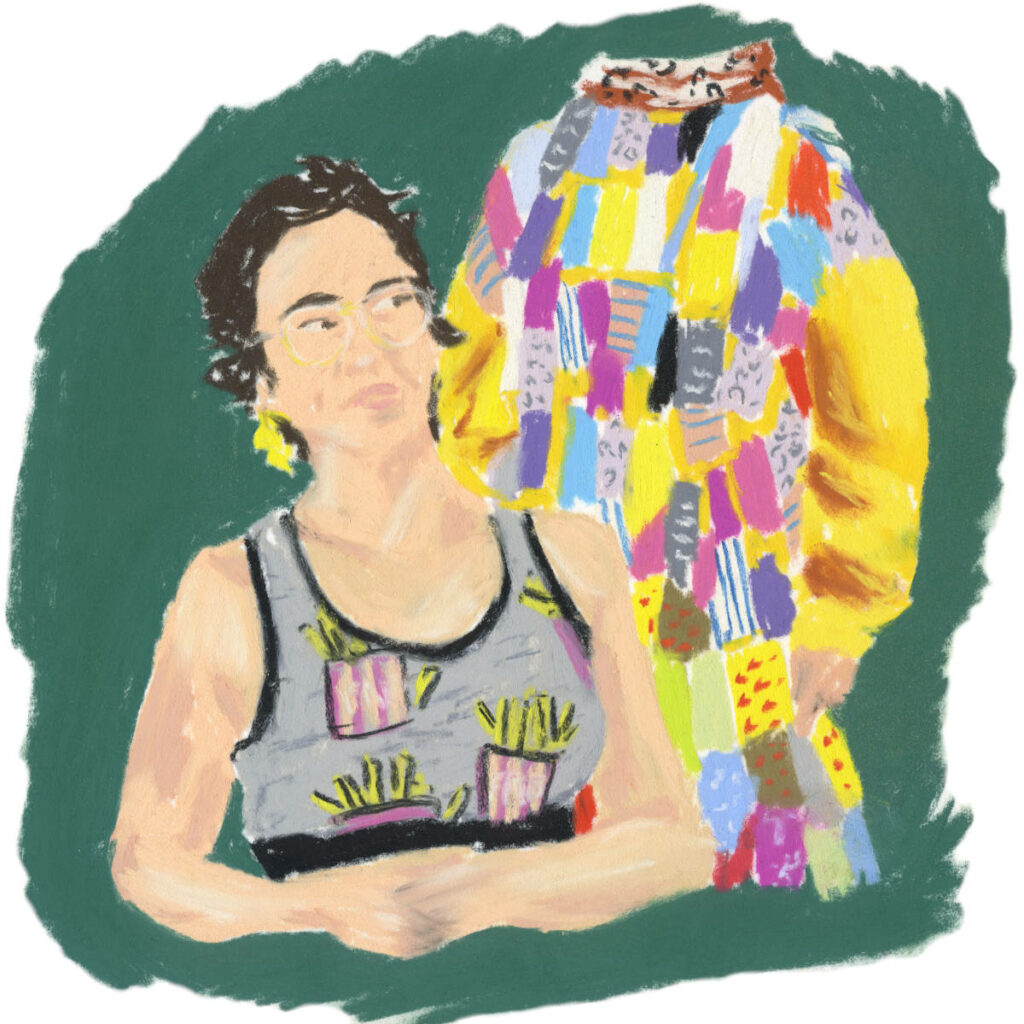Illustration au pastel sec couture de chutes (brassière et petassoun)