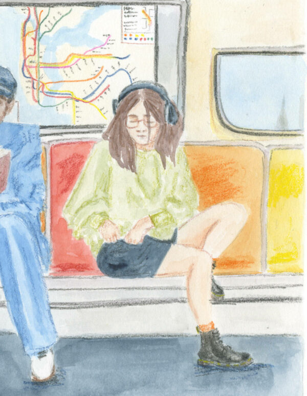 détail de l'illustration "Dans le métro" jeune fille aux écouteurs