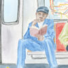 détail de l'illustration "Dans le métro" lecteur au costume bleu