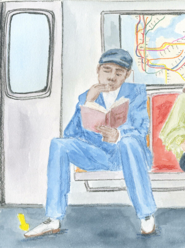 détail de l'illustration "Dans le métro" lecteur au costume bleu