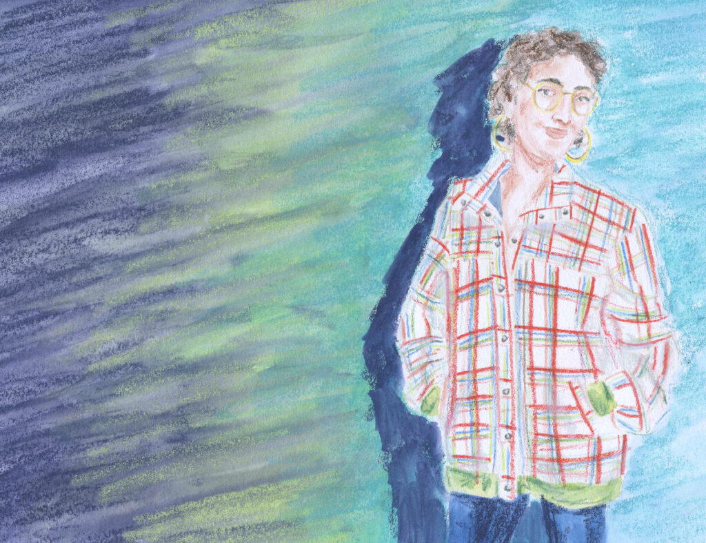 illustration en couleurs de la veste Maali sur fond bleu et vert