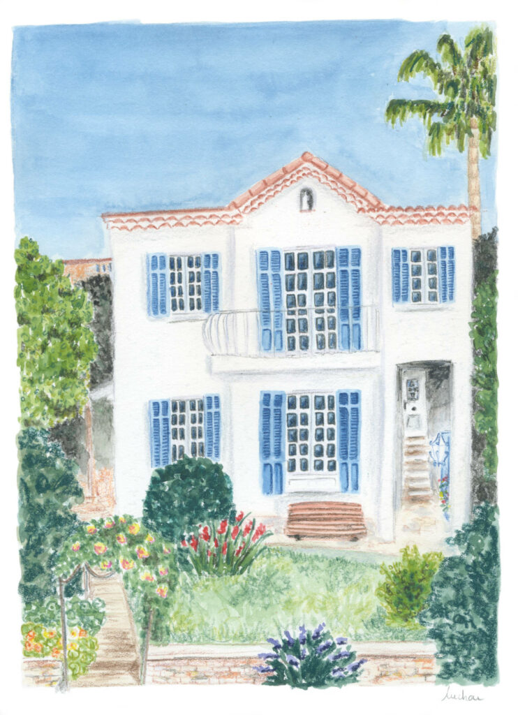 illustration en couleurs d'une maison blanche surplombée d'un palmier