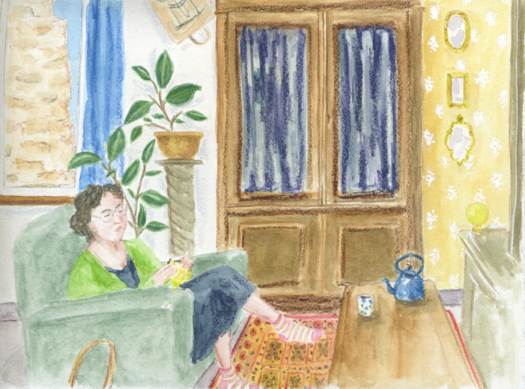 illustration en couleurs d'une femme tricotant dans un fauteuil vert dans un intérieur cosy