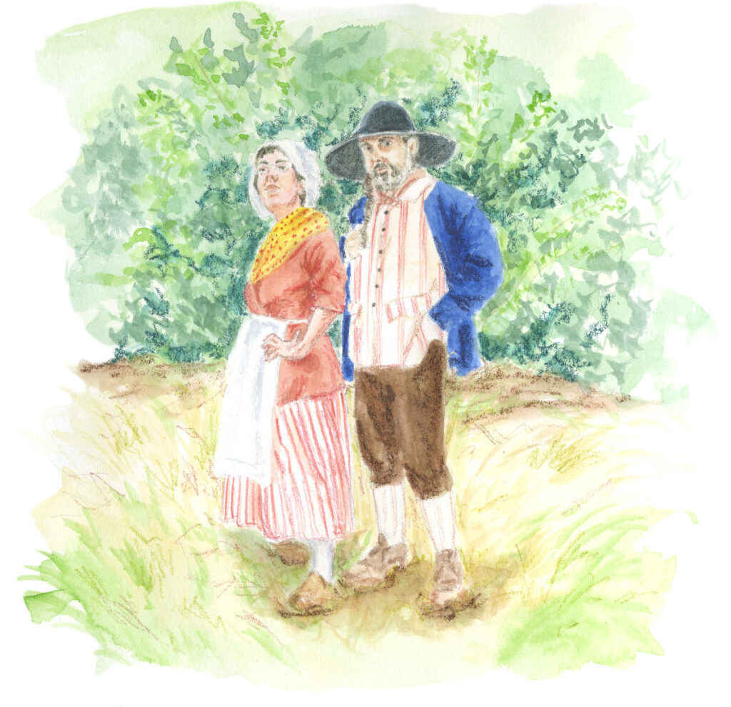 Illustration en couleurs d'un couple de paysans au XVIIIe siècle