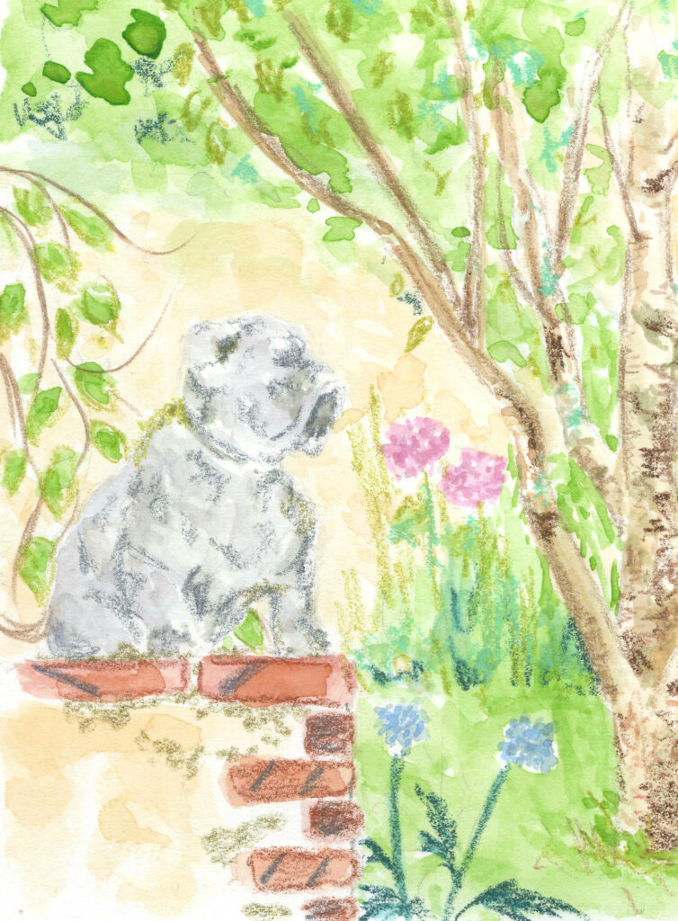 détail d'illustration en couleurs, statuette de chien à l'aquarelle dans un jardin