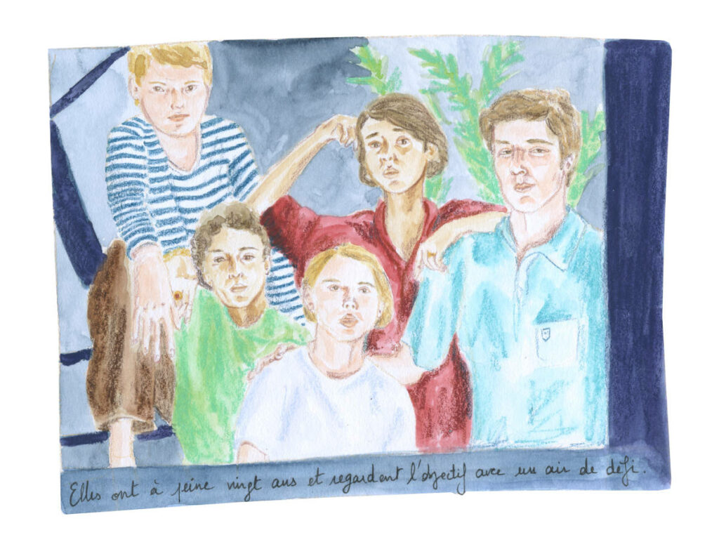 Illustration en couleurs d'après une photographie de Donna Gottschalk. Groupe de jeunes filles qui regarde l'objectif