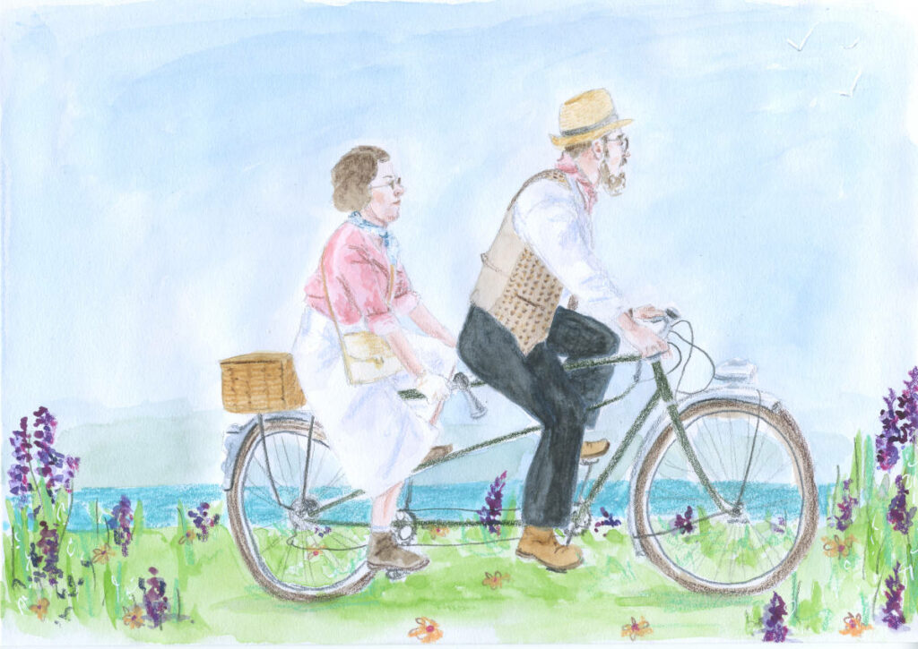 Illustration en couleurs d'un couple de 1936 en train de pédaler sur un tandem