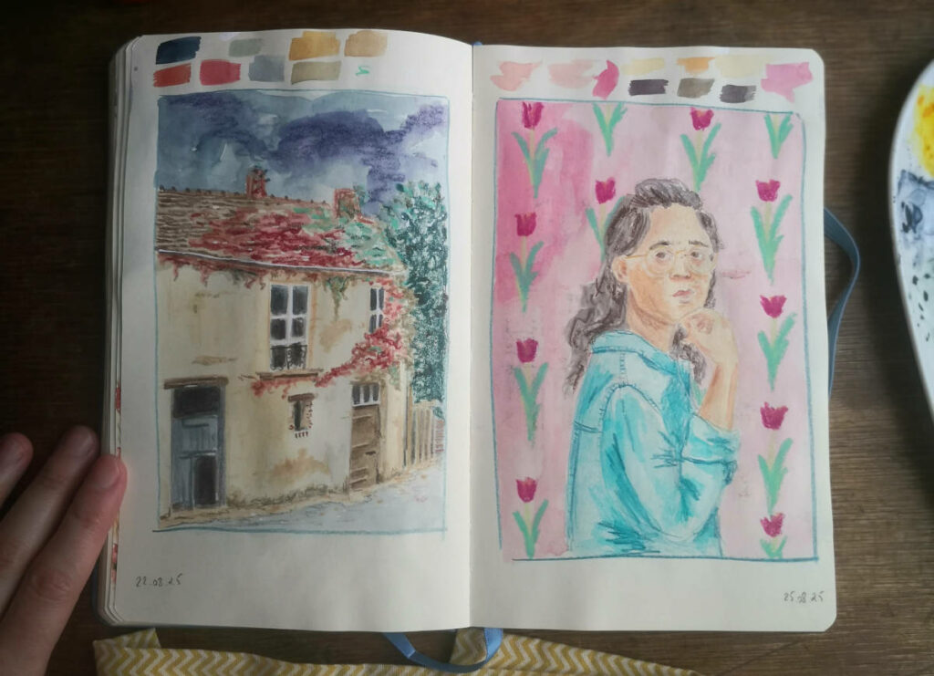 illustration d'une maison abandonnée sur la page de gauche et portrait de jeune fille sur la page de droite