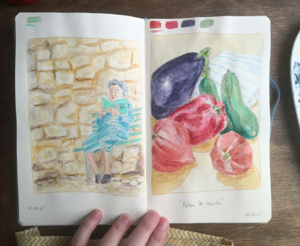 illustration d'une vieille dame en train de lire à gauche et illustration de légumes d'été à droite