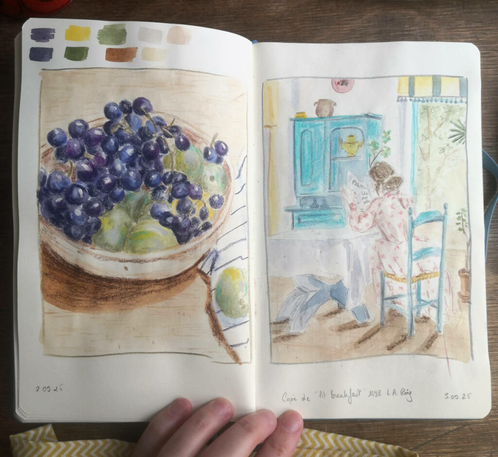 illustration d'une corbeille de fruits sur la page de gauche, copie d'un tableau sur la page de droite