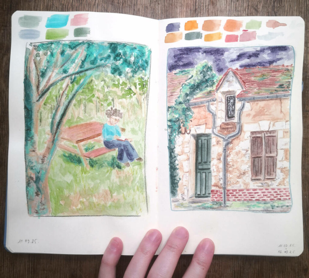 croquis dans la nature à gauche, illustration de maison à droite