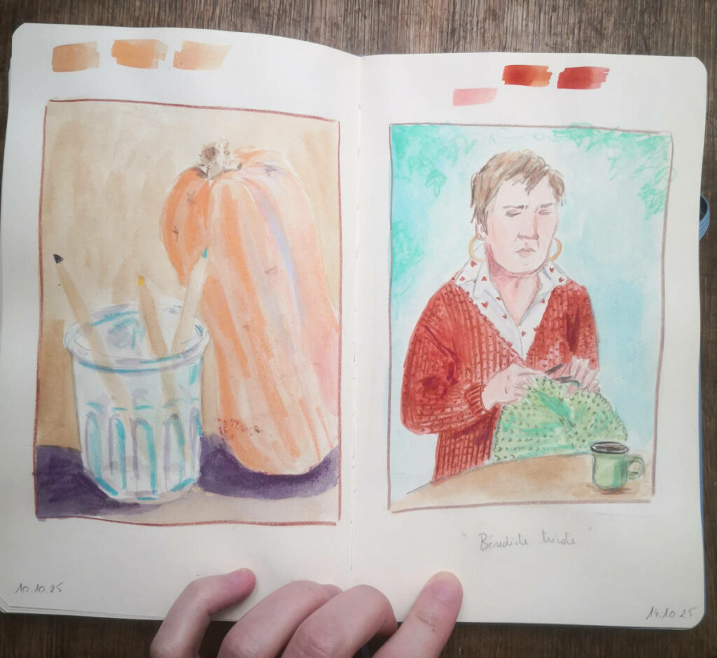 nature morte à la courge butternut sur la page de gauche et portrait d'une amie tricoteuse à droite