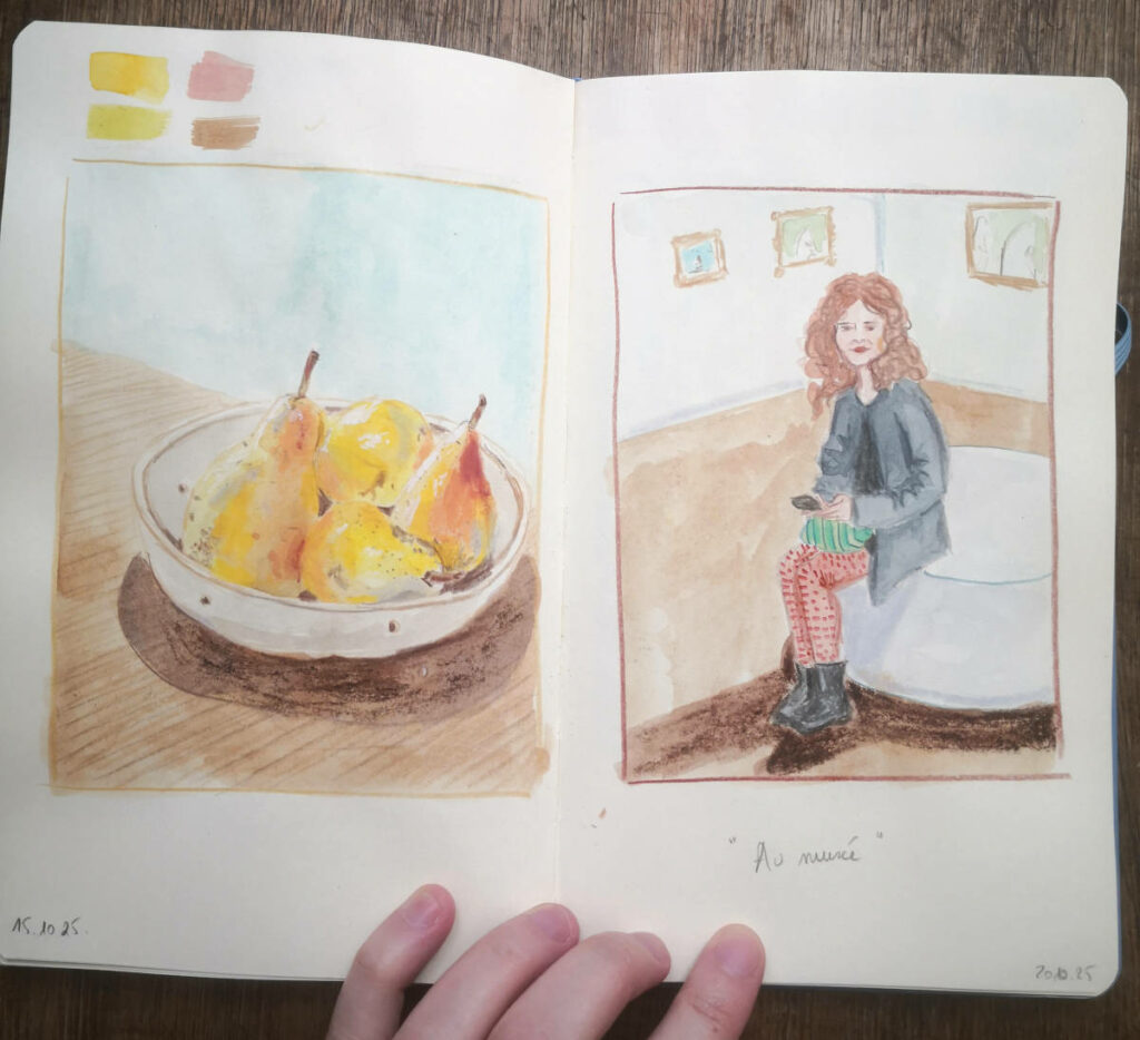 illustration de nature morte de poires sur la page de gauche et portrait d'une amie sur la page de droite