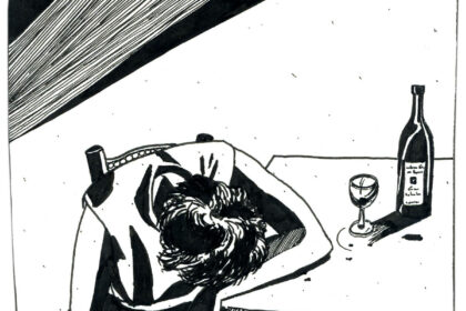 Portfolio - illustration en noir et blanc d'une personne alcoolique effondrée sur un coin de table Lucie Choupaut