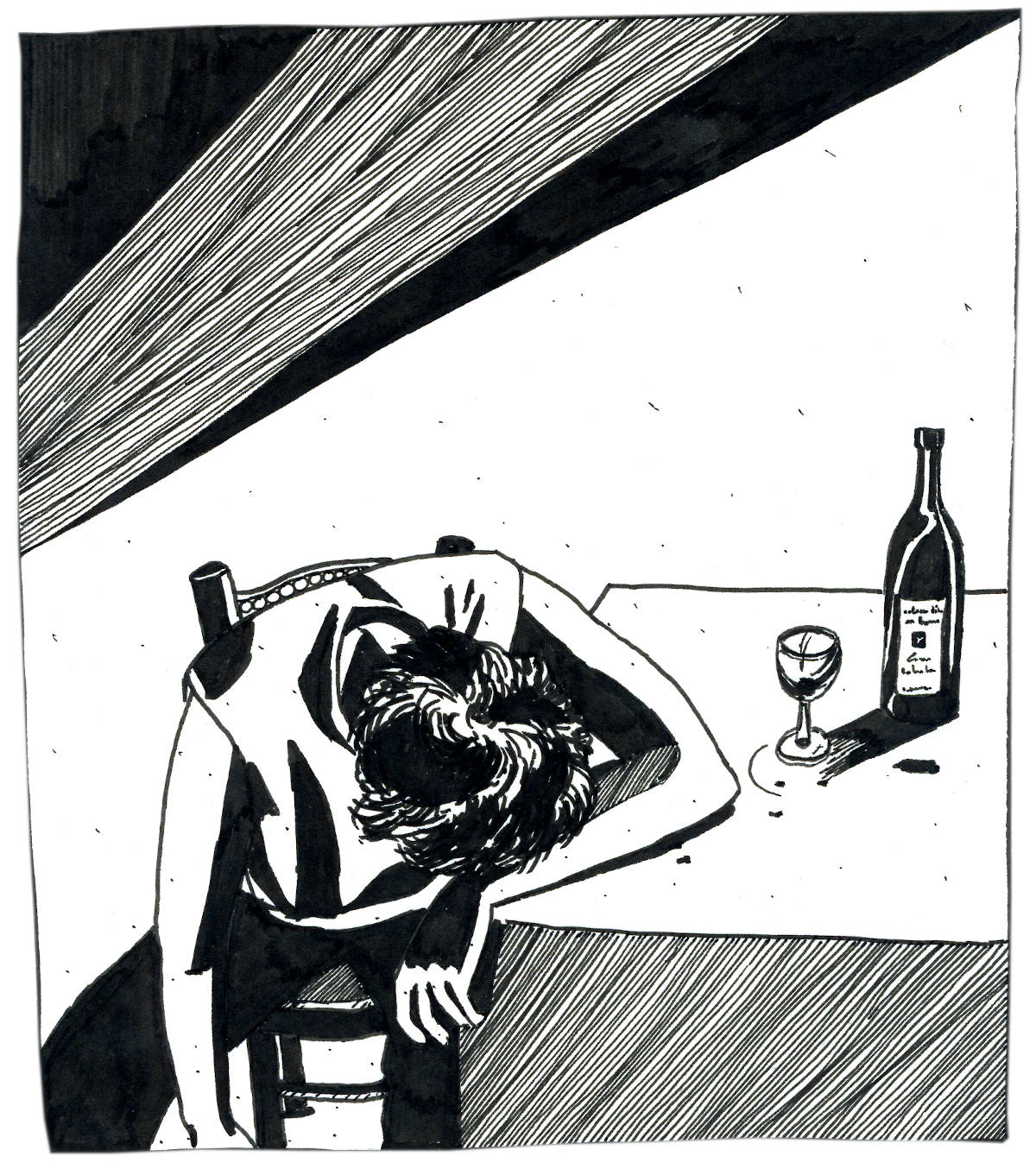 Portfolio - illustration en noir et blanc d'une personne alcoolique effondrée sur un coin de table Lucie Choupaut
