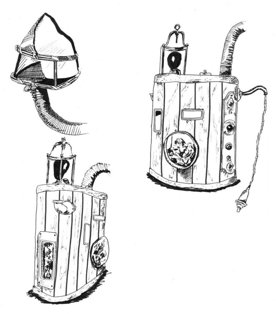 dessin en noir et blanc de la machine Steampunk