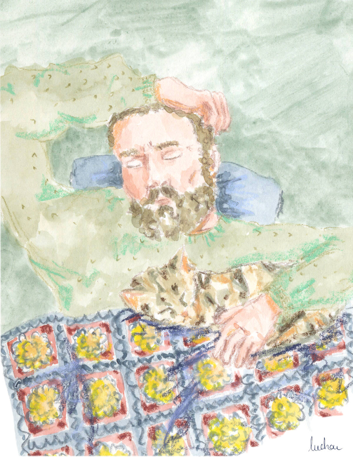 Portfolio - illustration un gars qui dort avec son chat Lucie Choupaut