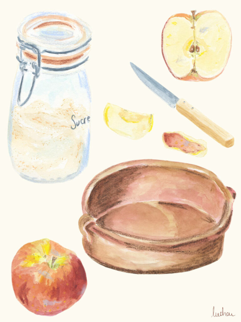 illustration en couleurs, planche "Crumble aux pommes"
