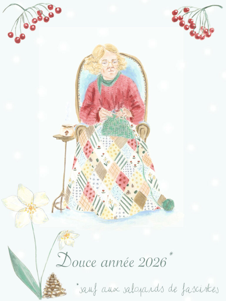 femme qui tricote sous un plaid en patchwork - douce année 2026 sauf aux salopards de fascistes