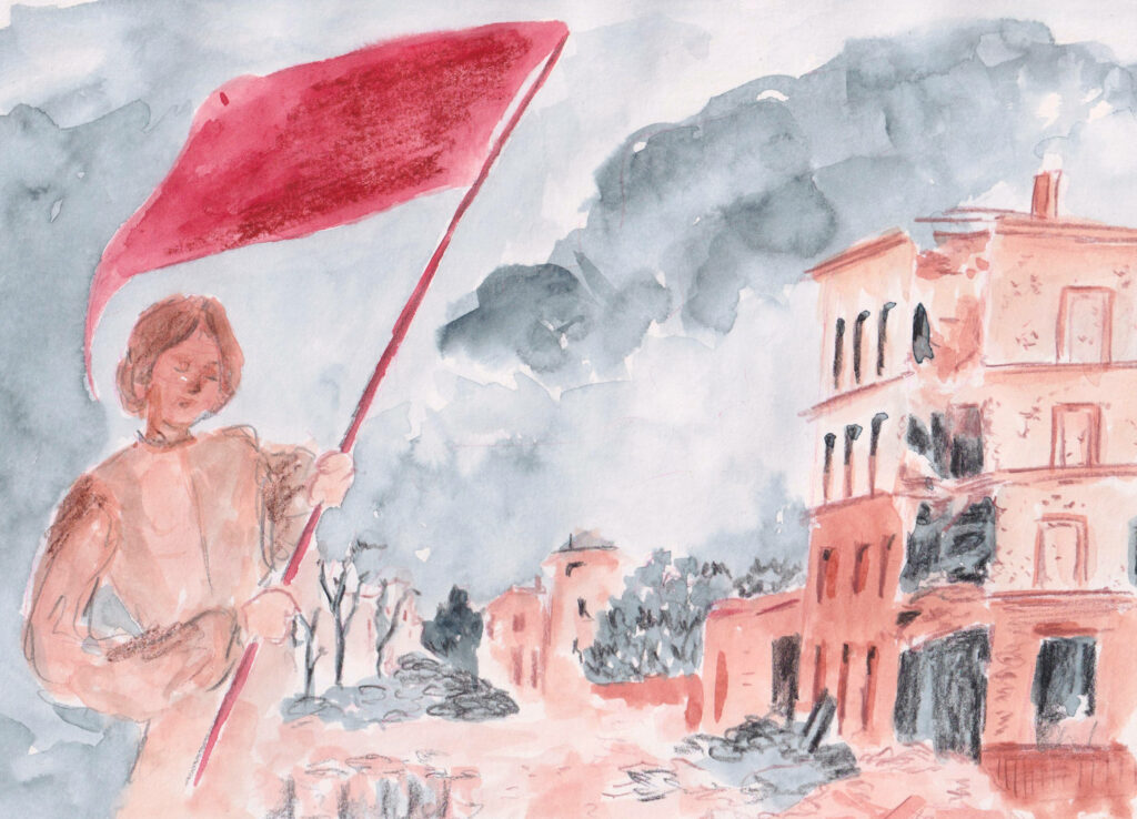 illustration en couleurs d'une femme brandissant un drapeau rouge devant les ruines de la Commune