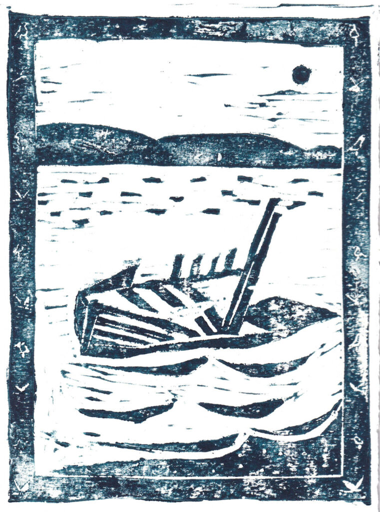 Linogravure "Crozon" de Lucie Choupaut imprimée en bleu de Prusse