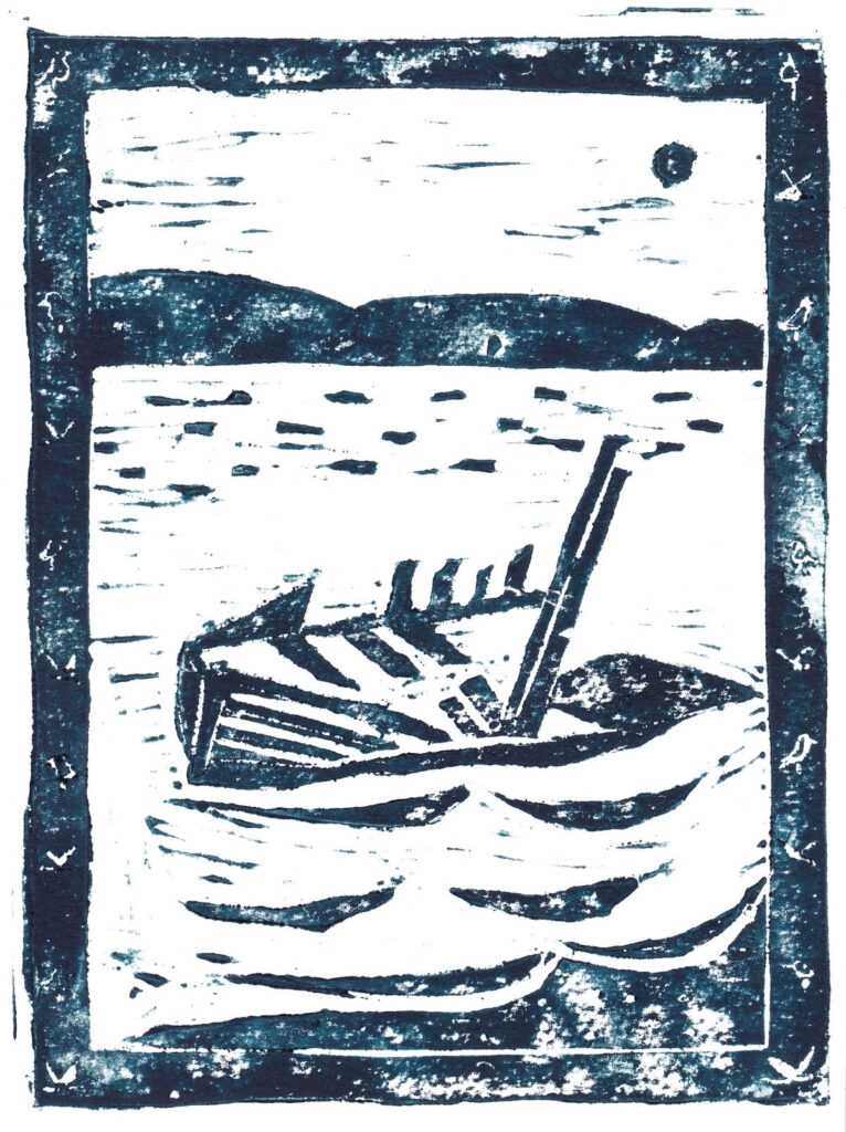 linogravure "Crozon" de Lucie Choupaut imprimée en bleu de Prusse