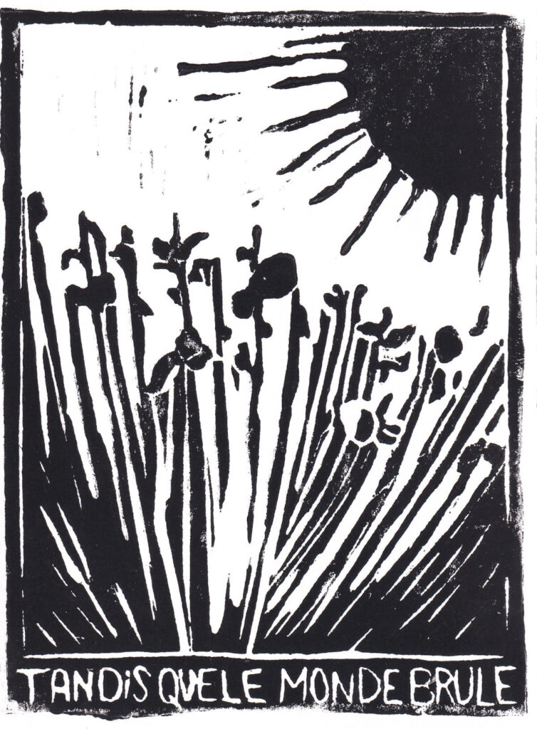 Linogravure "Tandis que le monde brûle" de Lucie Choupaut en noir