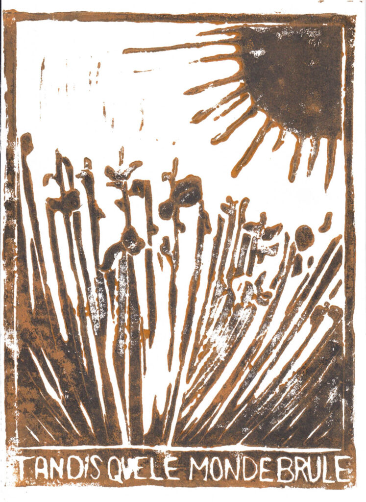 Linogravure "Tandis que le monde brûle" de Lucie Choupaut imprimée en noir et ocre