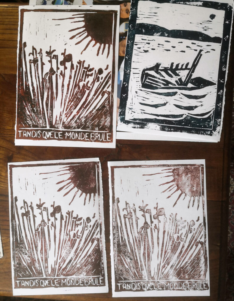 Tests d'impressions en linogravure par Lucie Choupaut